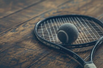 Poster - A tennis racket with a tennis ball placed on it, ideal for use in advertising or editorial content about sports and recreation