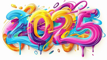 Aufkleber - Colorful abstract 2025 painted on white background, paint drips flows, dynamic artistic composition