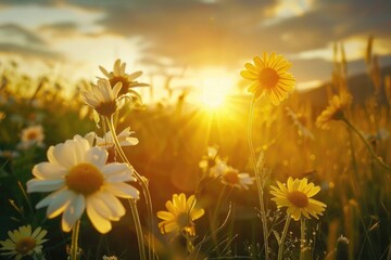 Poster - A beautiful scene of a field of flowers with the sun setting in the background, great for use as a calming and peaceful image