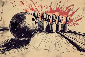 Poster - A bowling ball crashes into the pins, with broken and scattered pins around it