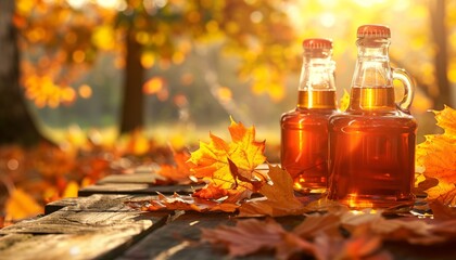 A bottle of maple syrup sits on a picnic table in the autumn forest