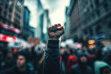 Sticker - A person raises their fist in front of a crowd, a symbol of protest and activism