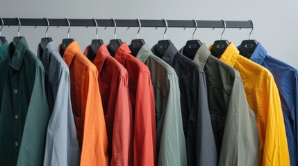 Poster - A collection of bright and vibrant shirts hung on a wall, perfect for showcasing or displaying in a store or at home
