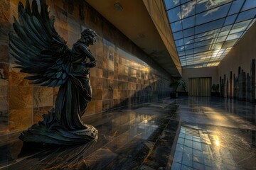 Poster - A close-up view of an angelic figure standing on a marble floor, with a serene expression