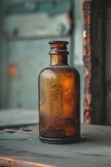Poster - A single brown glass bottle placed on a wooden table