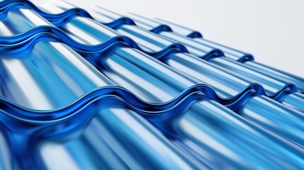 Wall Mural - 3D Illustration of Blue Metallic Corrugated Galvanized Iron for Roof Sheet on White Background