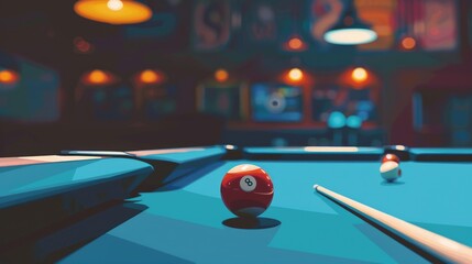 A pool table with a red ball placed on the surface, ready for a game