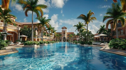 Poster - Lush palm trees surround a large outdoor swimming pool, perfect for summer fun and relaxation