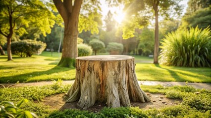 Tree trunk stump as a table in a nature garden park on holiday. With a drooping tree branch, trunk with a smooth surface, to show your products, trees and sunlight in background