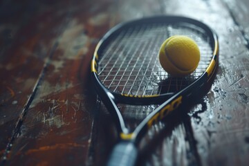 Poster - A tennis racket with a tennis ball resting on its surface