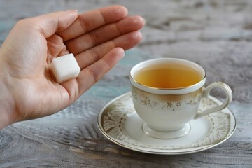 Poster - A person holds a sugar cube next to a cup of tea, suitable for food or lifestyle photography