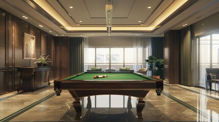 Poster - A pool table situated in a well-lit room with numerous windows