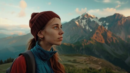 Poster - A person exploring the outdoors with a backpack and gazing at the mountains