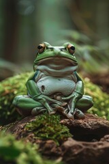 Poster - A small green frog perched on a rock covered in lush moss