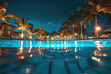 Poster - A pool surrounded by palm trees, lit up at night