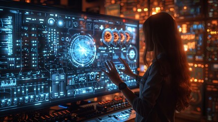 Poster - A woman interacts with a holographic music interface, using her hands to manipulate virtual instruments and sounds.