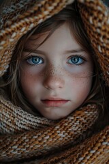 Wall Mural - A young girl with freckles is wrapped in a blanket, suitable for use in illustrations or as a symbol of warmth and comfort