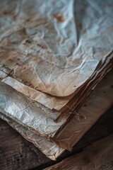 Aufkleber - A stack of paper sitting on a wooden table, possibly for writing or reference