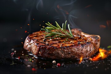 Wall Mural - Savory Grilled Steak with Rosemary on Black Background Generative AI