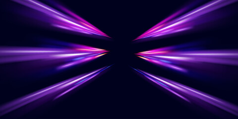 Fototapete - Vector glitter light fire flare trace. Abstract image of speed motion on the road. Dark blue abstract background with ultraviolet neon glow, blurry light lines, waves
