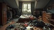 © Emiliia - A messy bedroom with an unmade bed, clothes scattered on the floor, and an open closet overflowing with clothes.
