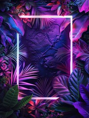 A purple neon frame surrounded by lush tropical plants