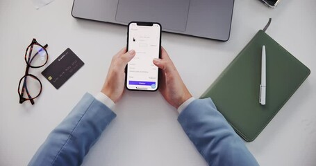 Poster - Phone screen, credit card and business hands in office with top view sale, search or service, subscription and sign up. Ecommerce, homepage and person with smartphone for discount, scroll or payment
