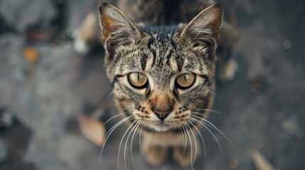 Wall Mural - Black brown striped cat gazed directly into the camera from a close distance