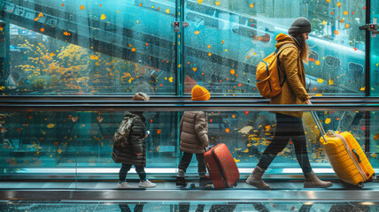 Wall Mural - a photo of a family walking at the airport, luggage, boarding.generative ai