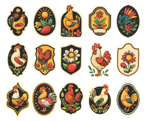 Wall Mural - Chicken logos cartoon vector set. Egg rooster sun flower stems fresh farm food broiler label badges isolated on white background