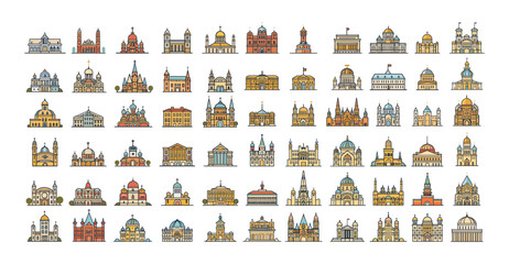 Sticker - City architecture linear color icons vector set. Public stone columns institutions large religious state monuments residential buildings isolated on white background