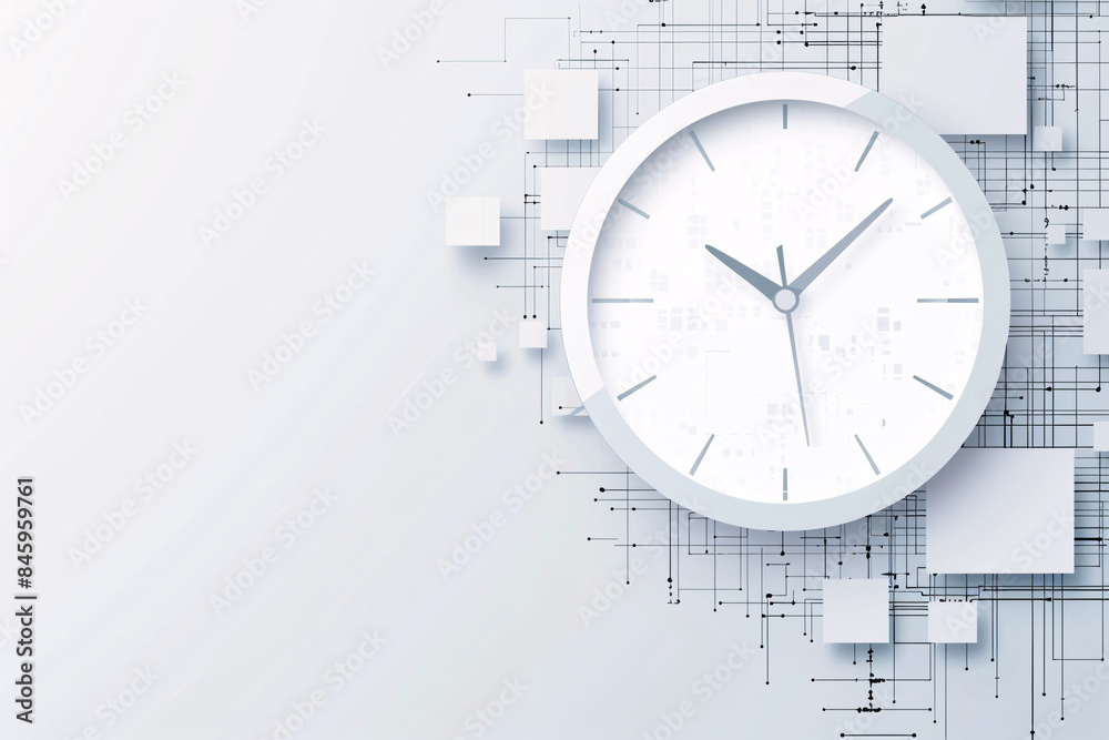 White clock with a digital grid and geometric shapes in the background ...