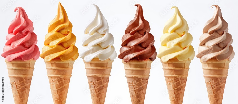 Variety of soft serve ice cream flavors on a crispy cone against a ...