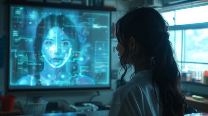 Poster - A student sits in a classroom and watches a holographic teacher on a large screen, illustrating a lesson in a futuristic setting.