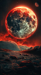 Wall Mural - A red planet with a large red sun in the background. The planet is surrounded by a rocky terrain