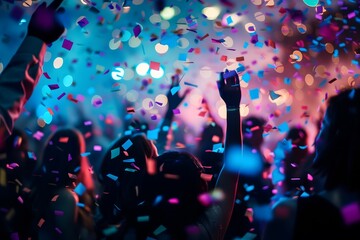 A vibrant nightclub celebration with people dancing under a shower of confetti and colorful lights. The energetic atmosphere, pulsating music, and dazzling visuals