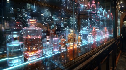 Poster - A holographic perfume counter displays glass bottles of fragrance with virtual scents in a retail setting.