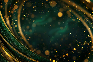 Abstract Green and Gold Casino Background With Swirling Lines and Glittering Particles