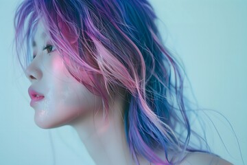 Wall Mural - A striking profile of a woman with vibrant, colorful hair in shades of pink, purple, and blue. The soft lighting and her poised expression create a modern and artistic image