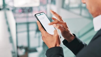 Poster - Phone screen, fintech or hands of businessman in office for stock market, research or trading platform sign up. Smartphone, cryptocurrency or trader checking digital, data or investment info search