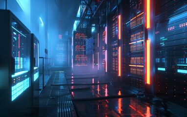 Wall Mural - Futuristic data center with vibrant server racks and advanced database technology. Server room server, multiple database elements.