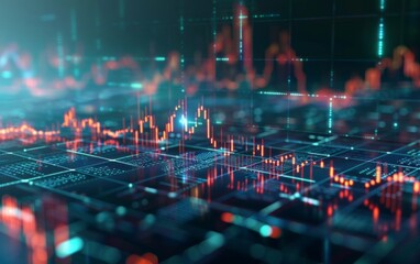 Wall Mural - Futuristic digital financial graph on a glowing grid backdrop. Emphasizes stock market growth/down strategy and calculation.