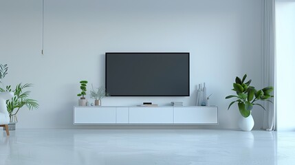 Wall Mural - View of a simple living room featuring a TV mounted on a wall. 3D rendering of an interior design featuring furniture and a laminate cabinet on a white floor.
