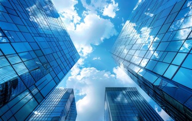 Modern blue glass skyscrapers reflect clouds and sky in urban business landscape. Perfect modern business background.