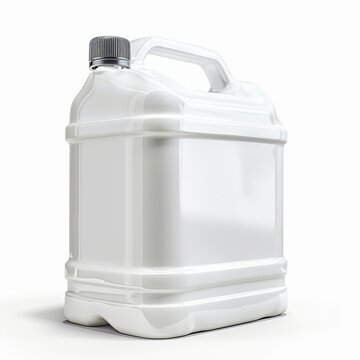 A white background with an isolated white plastic gallon jerry can. (with a work path that clips)
