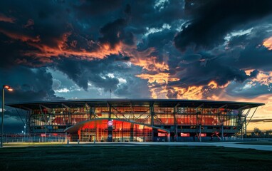 Illuminated stadium lights stand out against the dark evening sky. Stadium glows under the dark night sky.