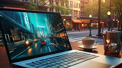 Poster - A laptop for remote work stands on a desktop in a cafe