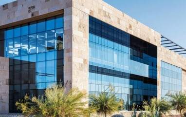 Modern office building with reflective glass, stone facade, under clear sky. Ideal for business and building themes.