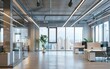 © Mark - Modern indoor office with exposed ceilings and large windows. Empty indoor office space for productivity.