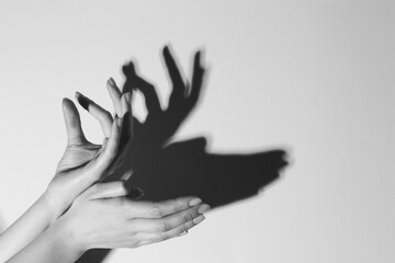 Wall Mural - Shadow puppet. Woman making hand gesture like deer on light background, closeup with space for text. Black and white effect